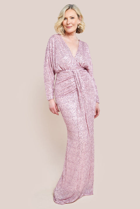 Goddiva Plunge V-Neck Sequin Maxi Dress - Blush