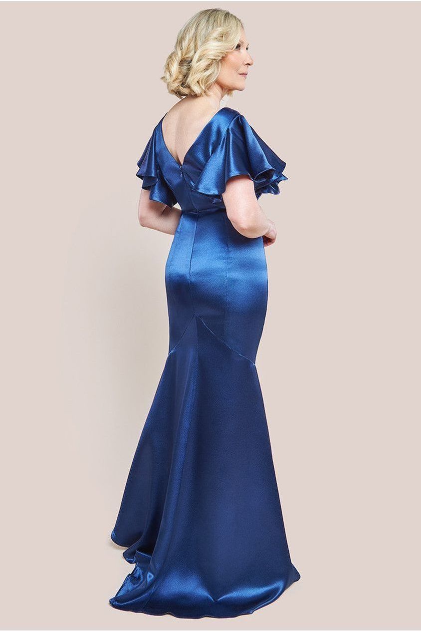 Goddiva Satin Flutter Sleeve Mermaid Maxi Dress - Navy