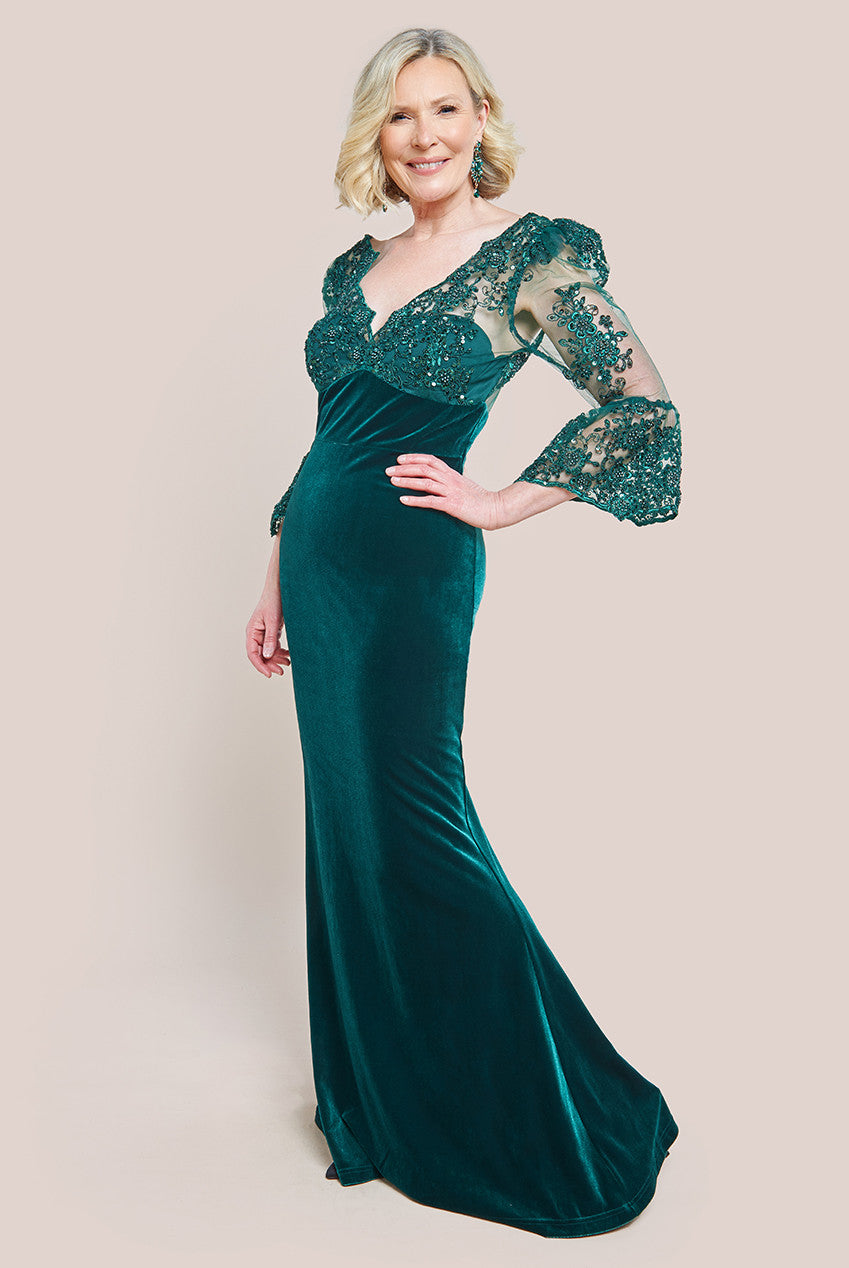 Goddiva Scalloped Lace & Velvet Maxi Dress - Emerald Green