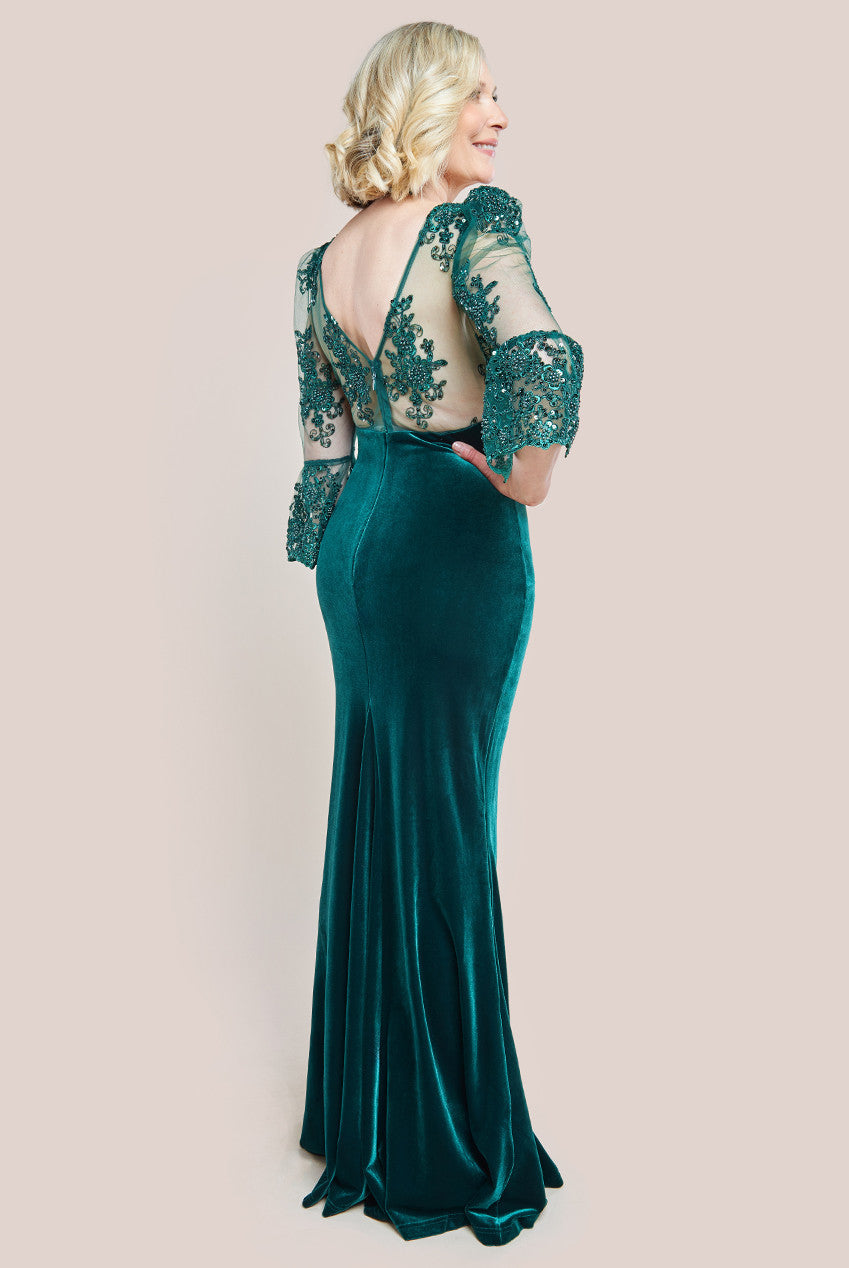 Goddiva Scalloped Lace & Velvet Maxi Dress - Emerald Green