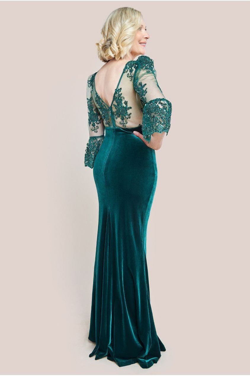 Goddiva Scalloped Lace & Velvet Maxi Dress - Emerald Green