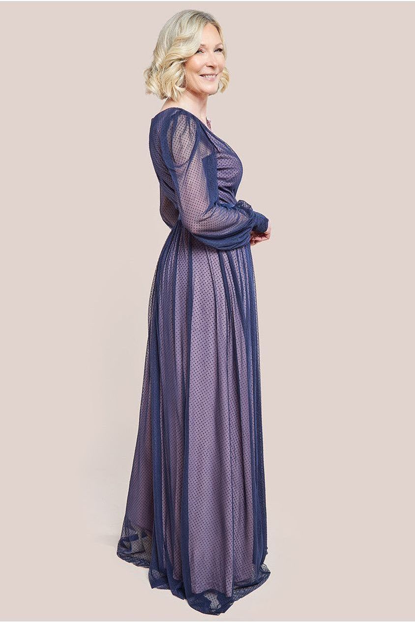 Goddiva Corsage V-Neck Dobby Mesh Maxi Dress - Blue