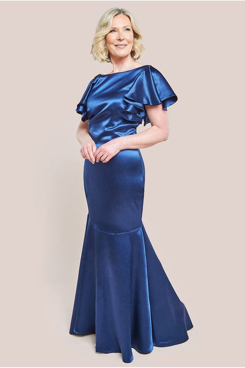 Goddiva Satin Flutter Sleeve Mermaid Maxi Dress - Navy