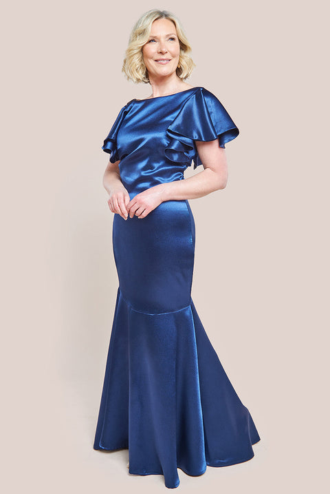 Goddiva Satin Flutter Sleeve Mermaid Maxi Dress - Navy