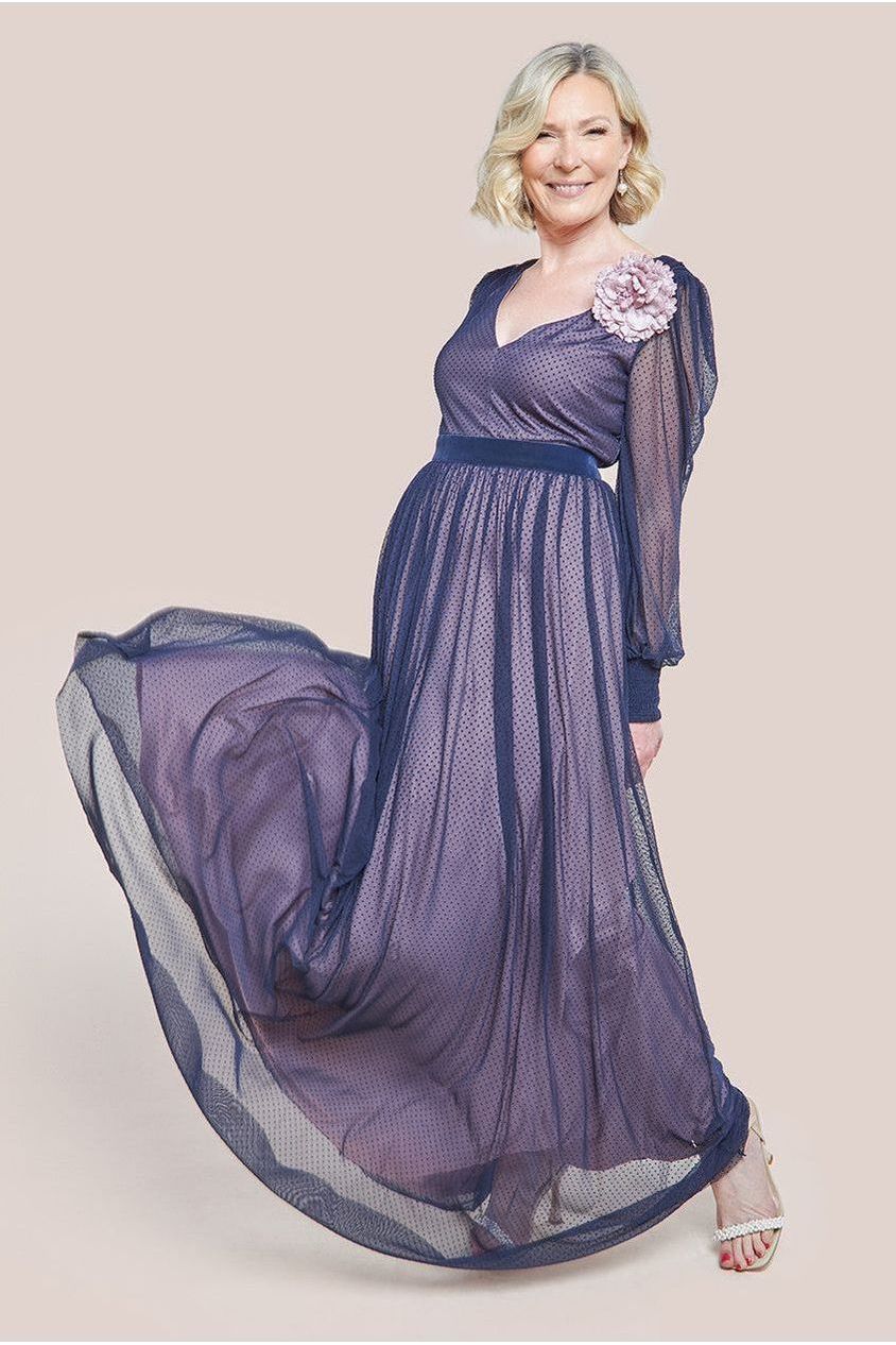 Goddiva Corsage V-Neck Dobby Mesh Maxi Dress - Blue