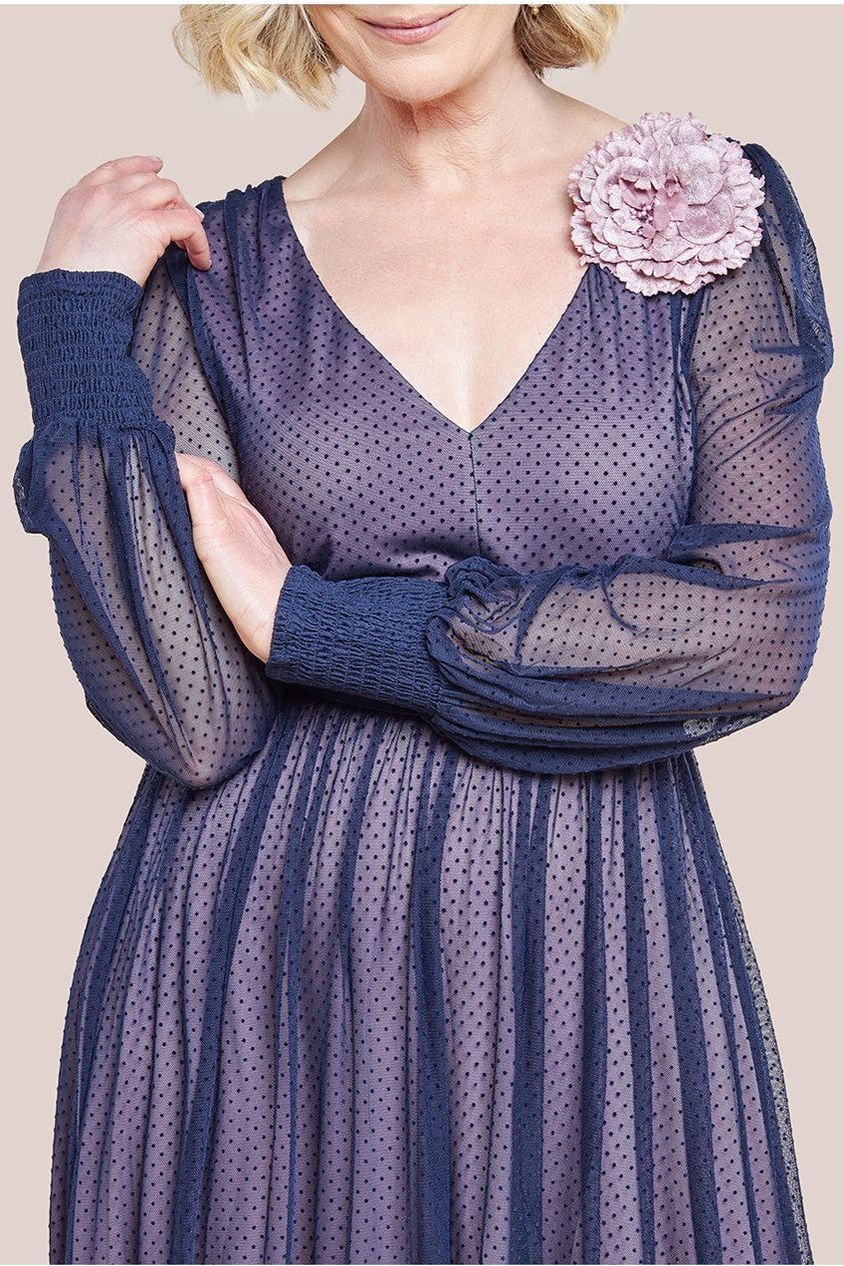 Goddiva Corsage V-Neck Dobby Mesh Maxi Dress - Blue