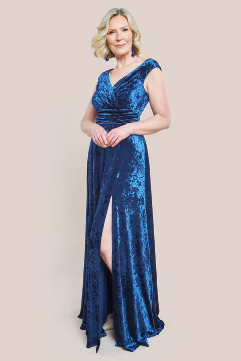 Goddiva Ice Velvet Bardot Wrap Maxi Dress - Navy