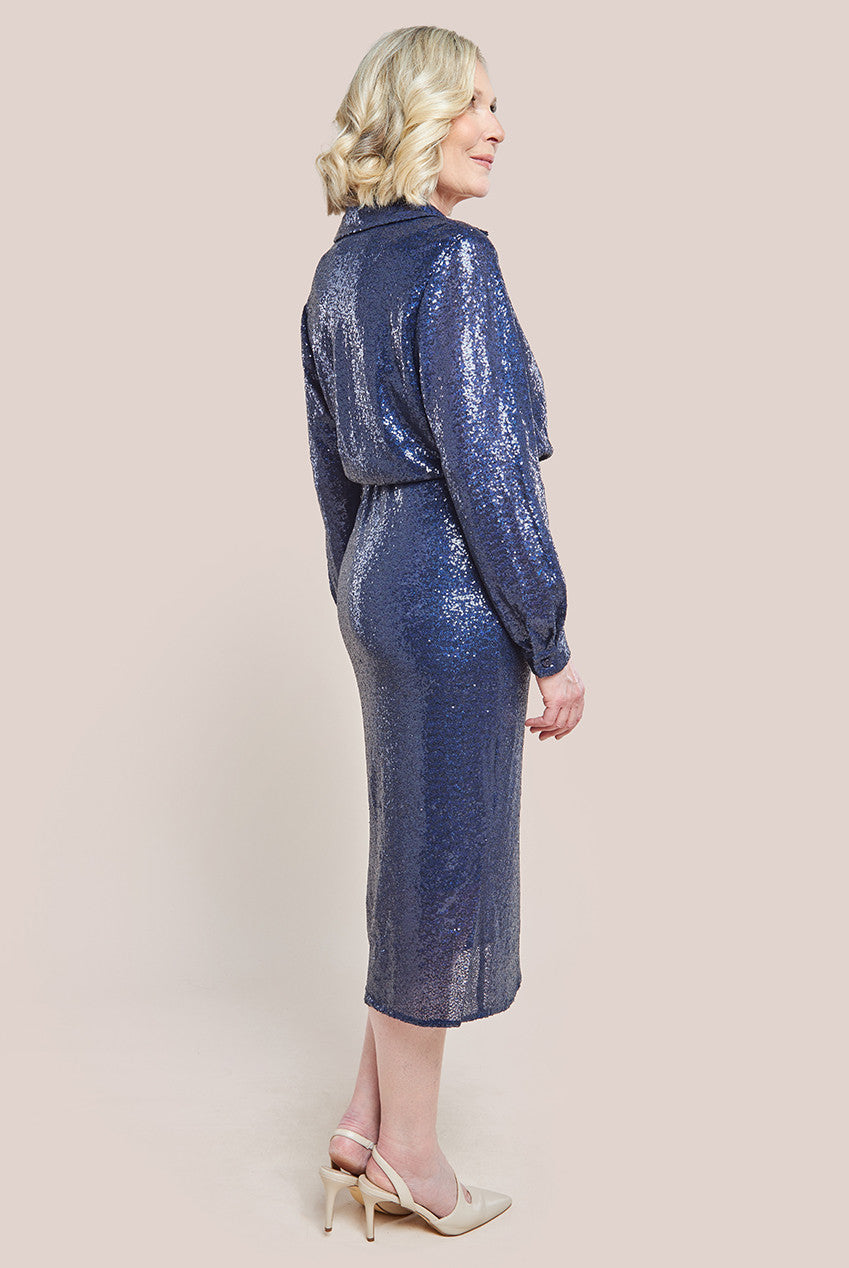 Goddiva Sequin Front Split Shirt Dress - Navy