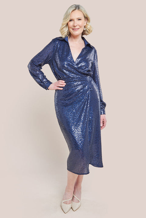 Goddiva Sequin Front Split Shirt Dress - Navy