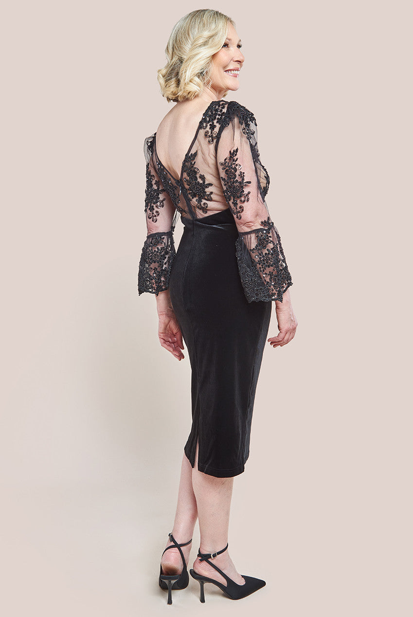 Goddiva Scalloped Lace & Velvet Midi Dress - Black