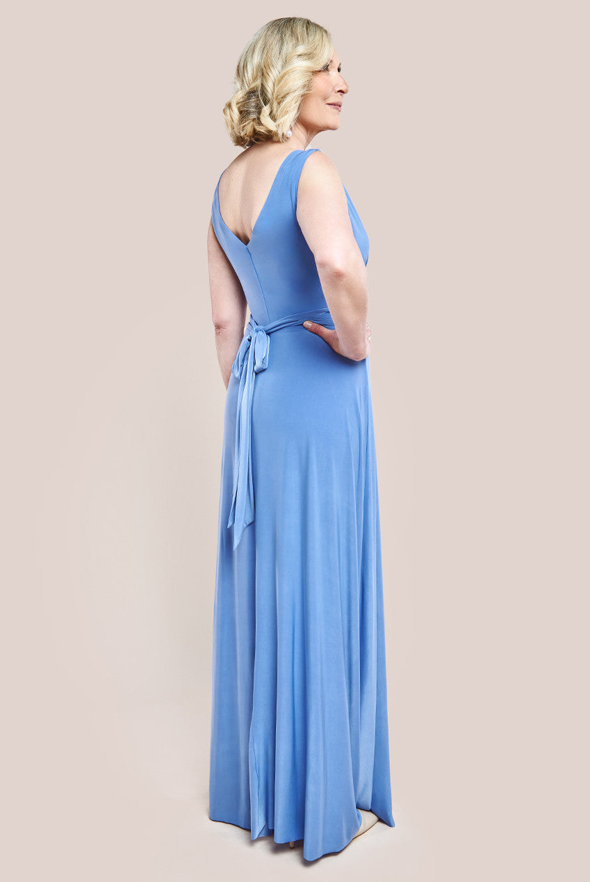 Goddiva Diamante & Scalloped Lace Neck Maxi Dress - Corn Flower Blue