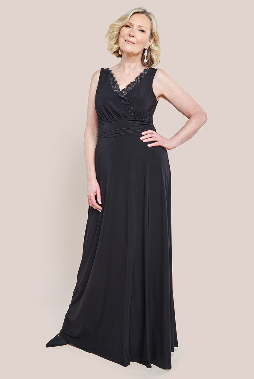 Goddiva Diamante & Scalloped Lace Neck Maxi Dress - Black