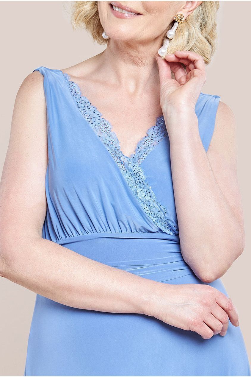 Goddiva Diamante & Scalloped Lace Neck Maxi Dress - Corn Flower Blue