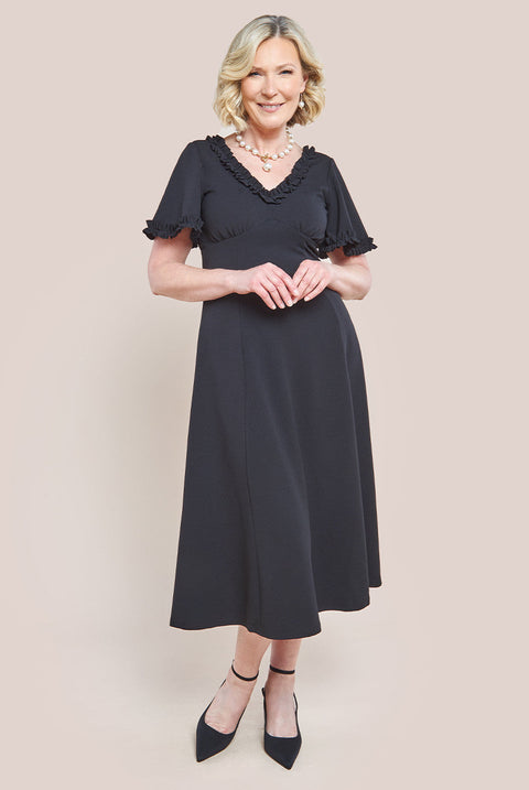 Goddiva Flare Sleeve Frill Edge Midi Dress - Black