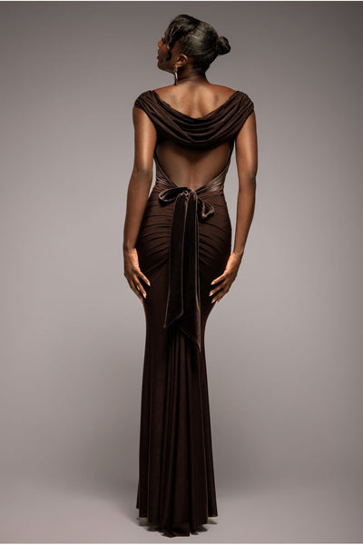 Brown - Goddiva Open Back Cowl Neck Gathered Maxi Dress With Velvet Tie Back - Brown