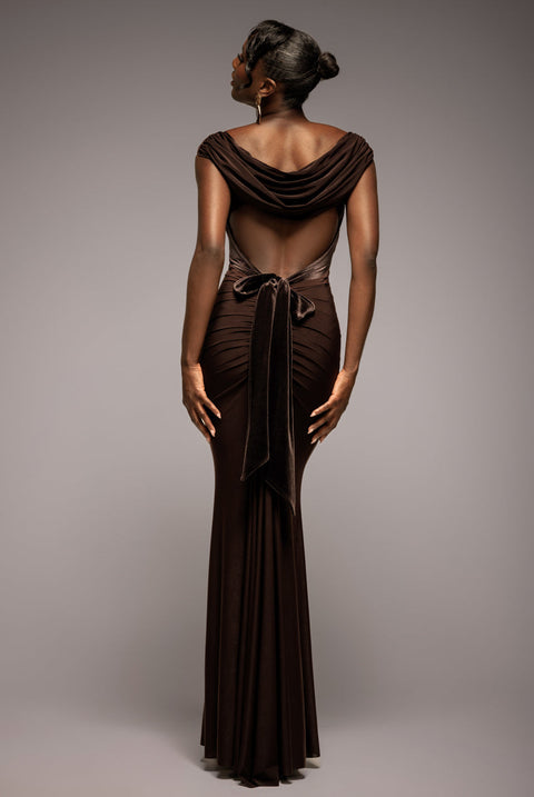 Goddiva Open Back Cowl Neck Gathered Maxi Dress With Velvet Tie Back - Brown