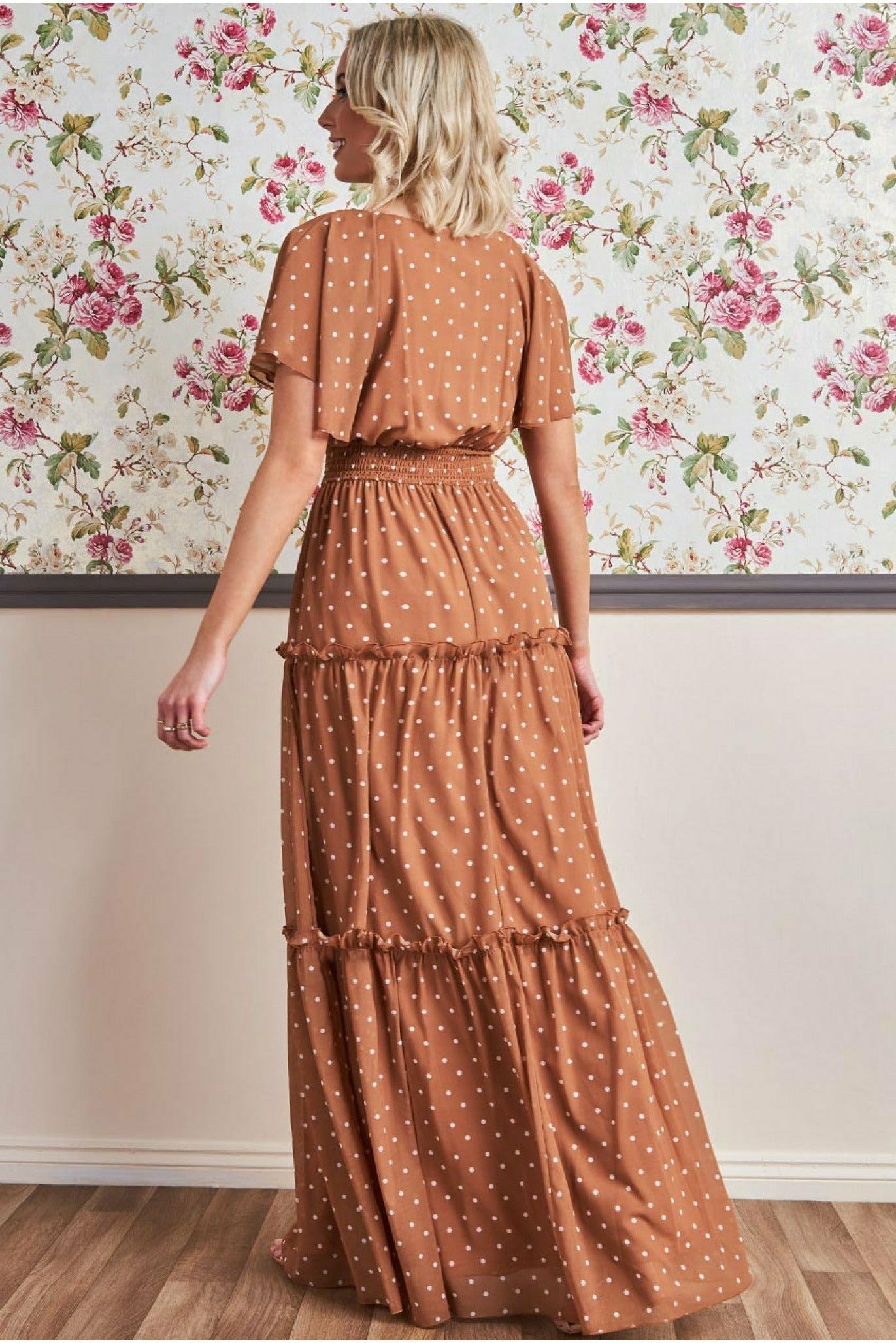 Goddiva Polka Dot Tiered Chiffon Maxi Dress - Brown