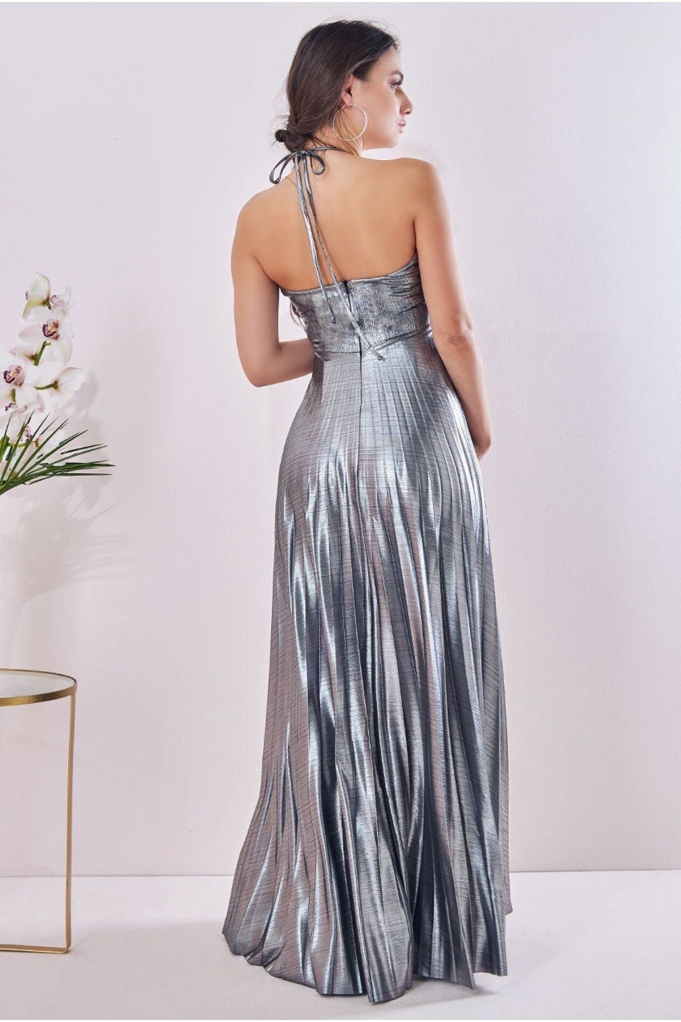 Goddiva Maternity Pleated Foil Tie Back Maxi Silver