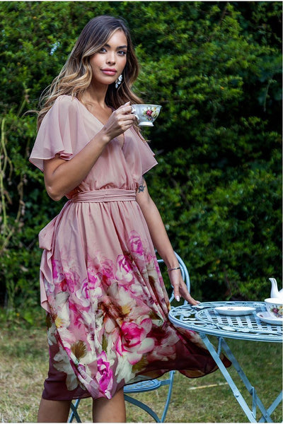 Blush - Goddiva Chiffon Floral Border Print Midi Dress - Blush