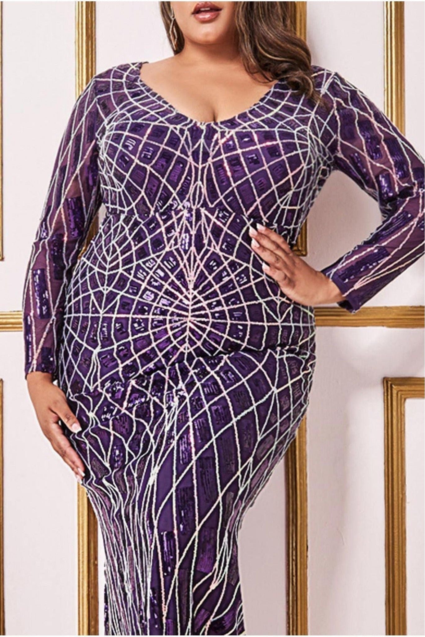 Goddiva Plus Geo Sequin Long Sleeve Maxi Dress - Purple