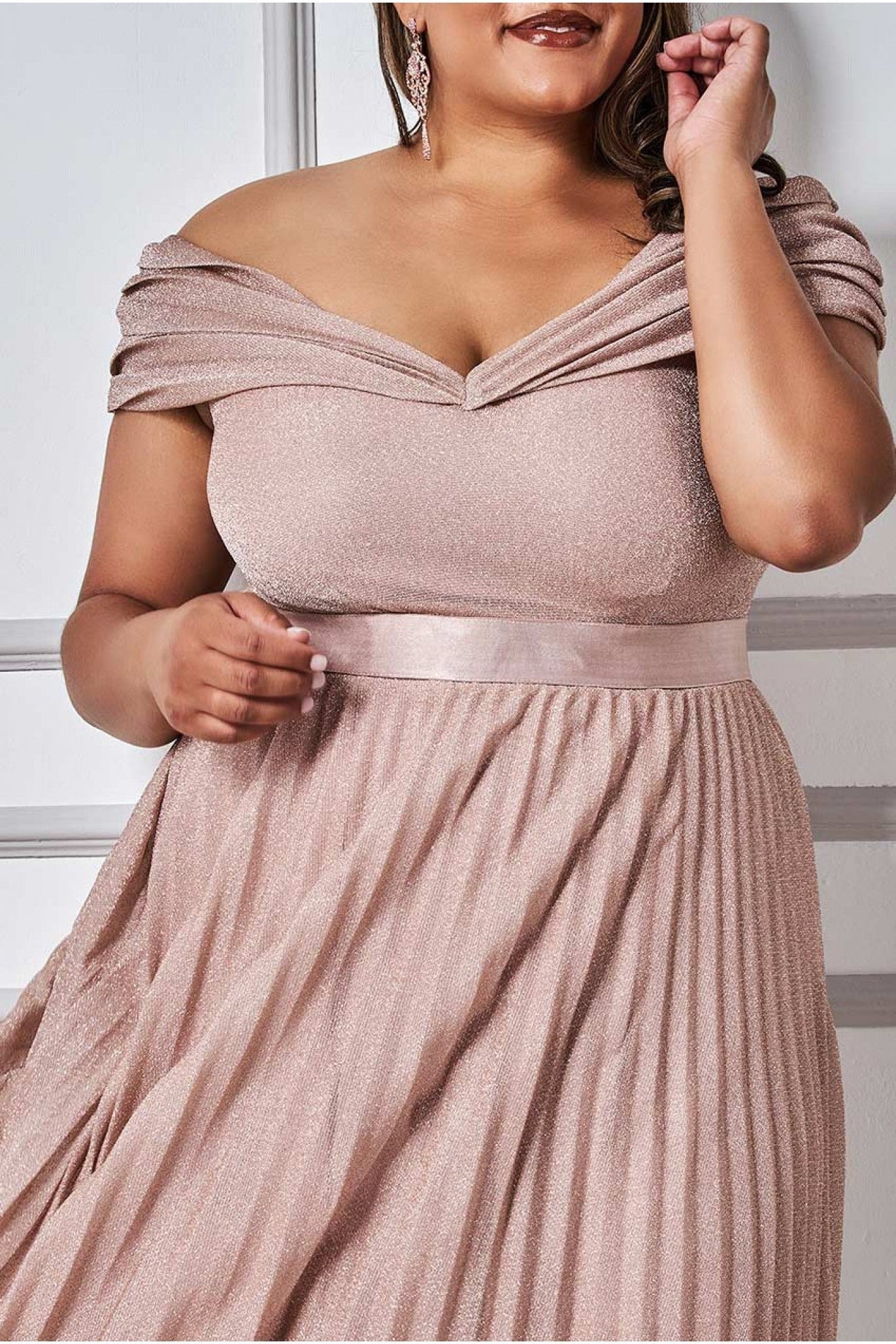 Goddiva Plus Bardot Pleated Skirt Maxi Dress - Blush