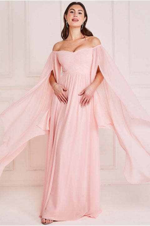 Goddiva Chiffon Off The Shoulder Maxi With Cape Sleeves  - Blush