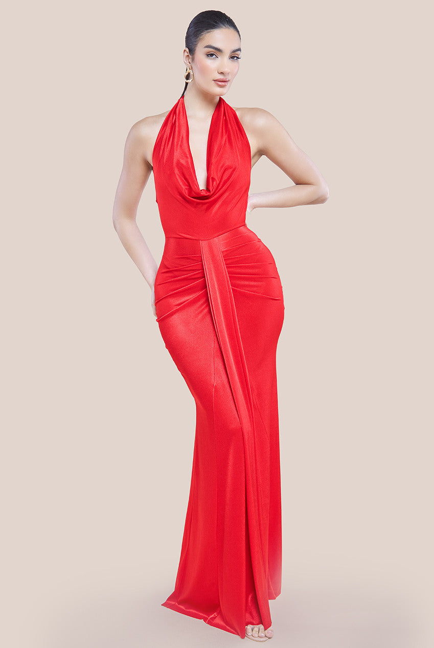 Goddiva Open Back Cowl Neck Maxi Dress - Red