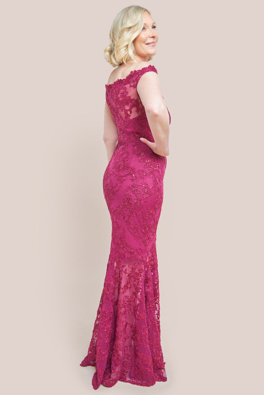 Goddiva Lace Scallop Edge Mermaid Maxi Dress - Burgundy