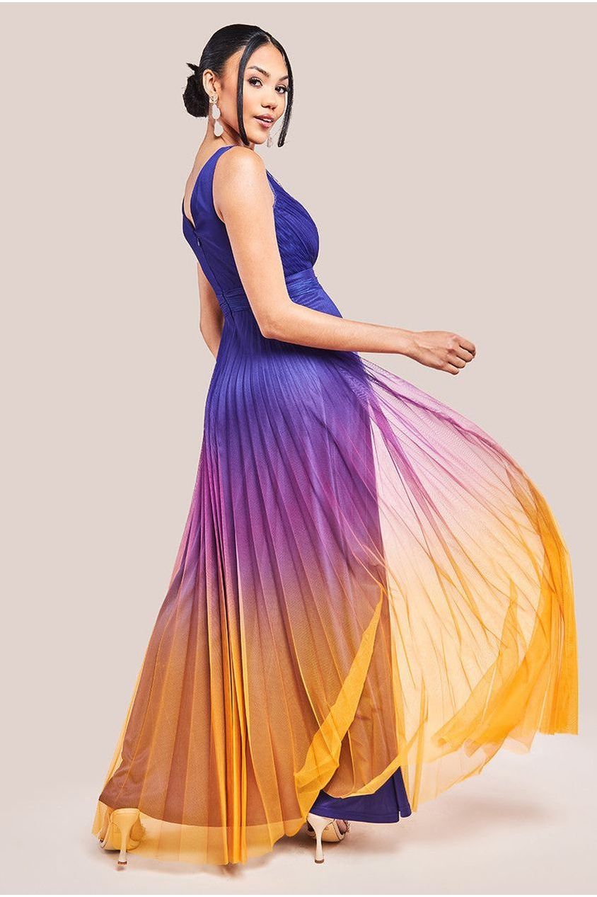 Goddiva Sleeveless Ombre Pleated Maxi Dress - Navy Ombre