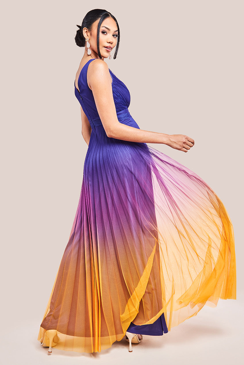 Goddiva Sleeveless Ombre Pleated Maxi Dress - Navy Ombre