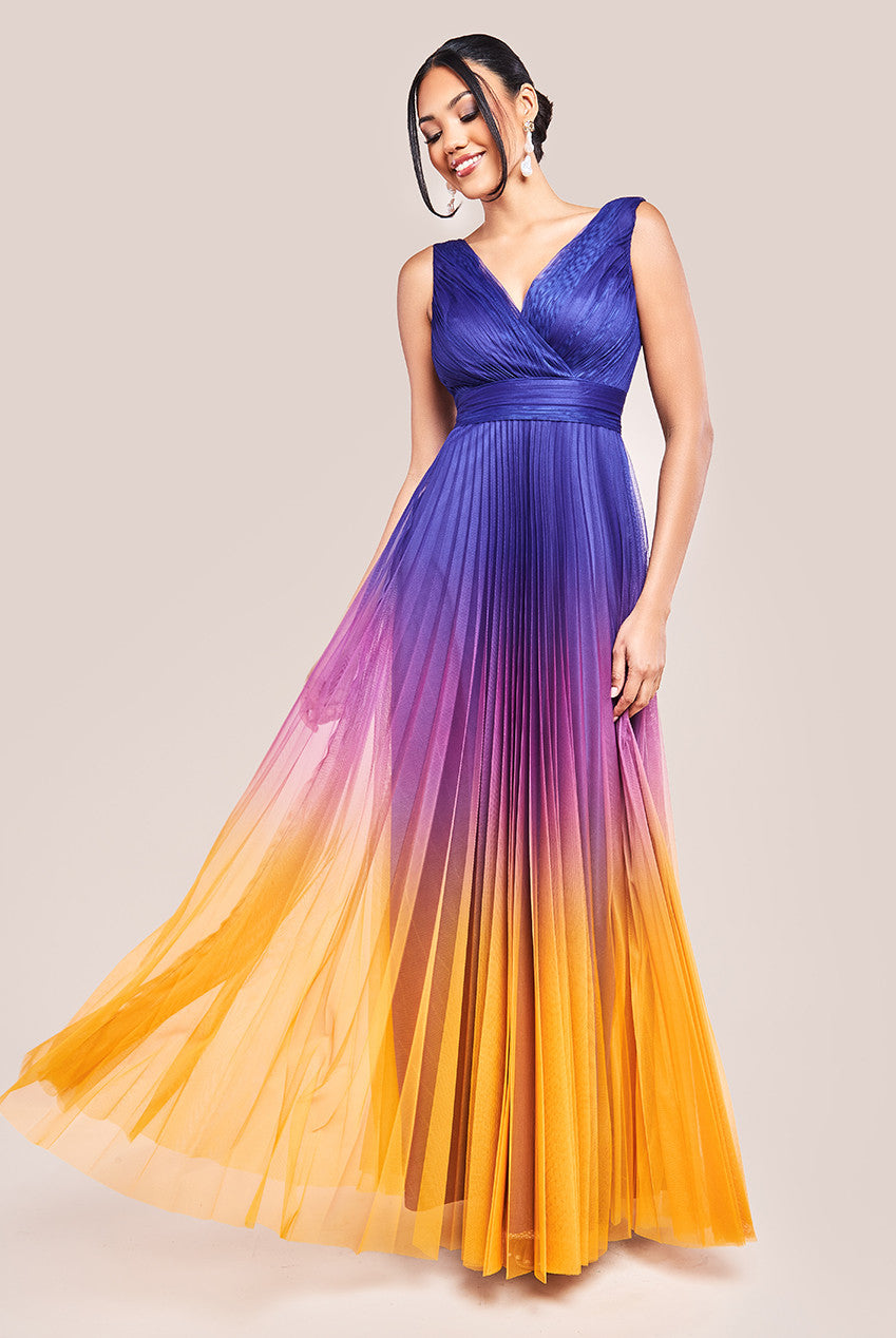 Goddiva Sleeveless Ombre Pleated Maxi Dress - Navy Ombre