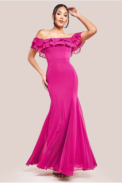 Magenta - Goddiva Frilled Off The Shoulder Pleated Chiffon Maxi Dress - Magenta