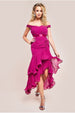 Goddiva Pleated Bardot High Low Tier Chiffon Midaxi Dress - Magenta