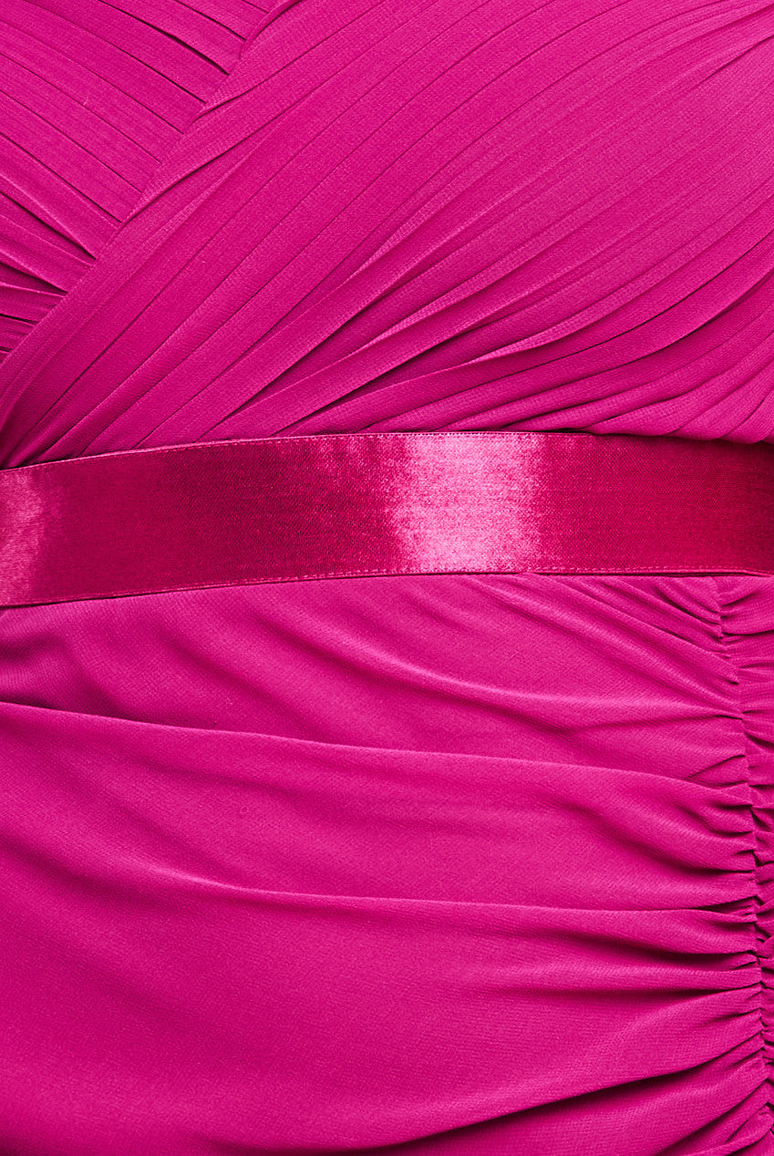 Goddiva Pleated Bardot High Low Tier Chiffon Midaxi Dress - Magenta