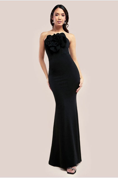 Black - Goddiva Scuba Crepe Bandeau Rose Maxi Dress - Black