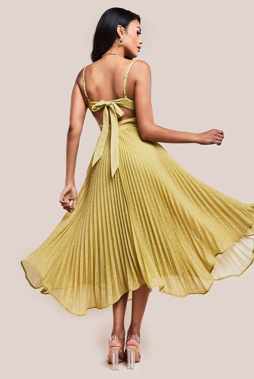 Goddiva Tie Back Pleated Lurex Skater Midi Dress - Gold