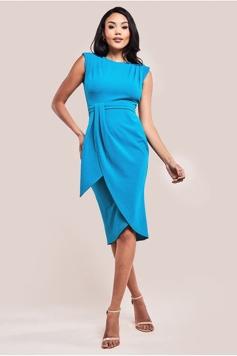 Goddiva Sleeveless Asymmetric Wrap Midi Dress - Teal Blue