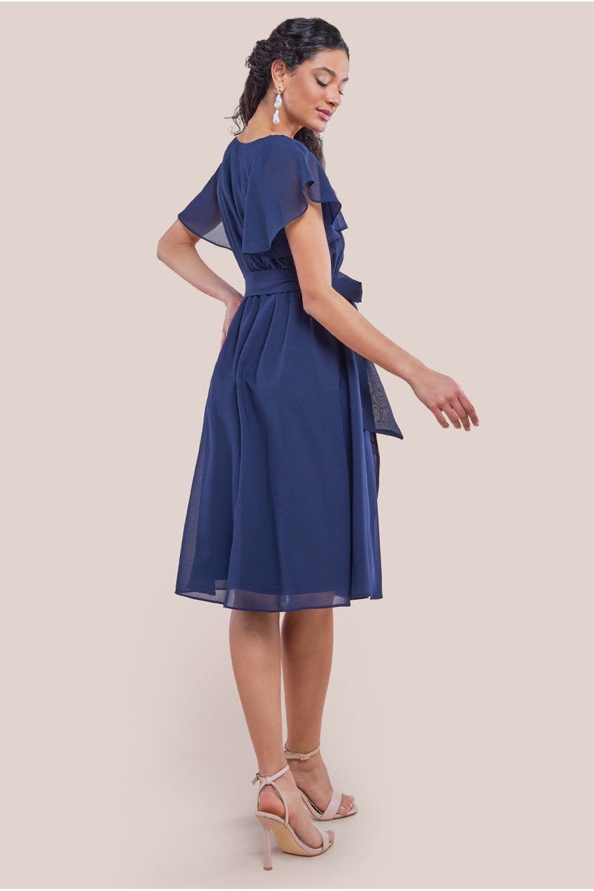 Goddiva Sustainable Flutter Sleeve Chiffon Wrap Midi Dress - Navy