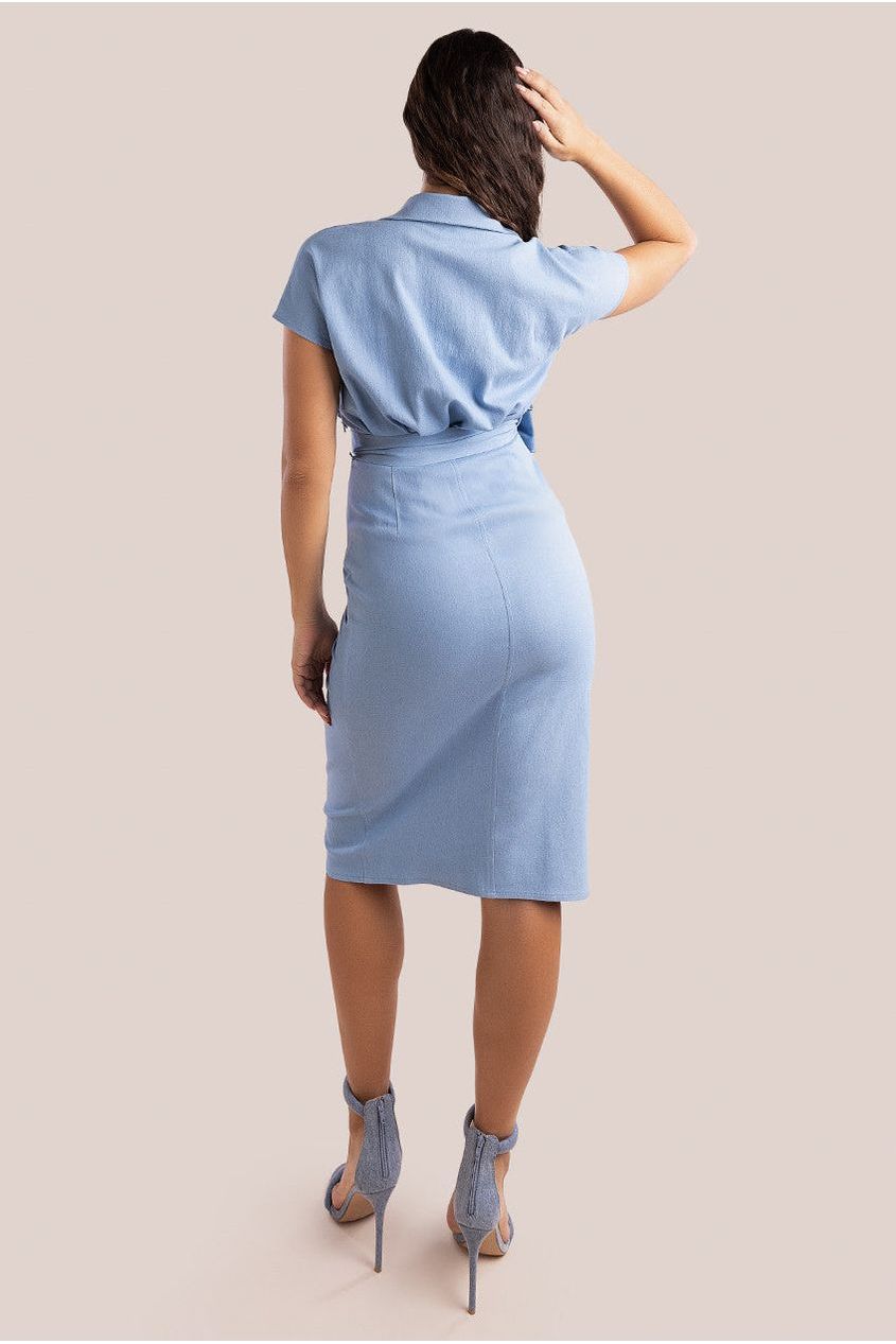 Goddiva Denim Gathered Angel Sleeve Midi Shirt Dress - Sky Denim