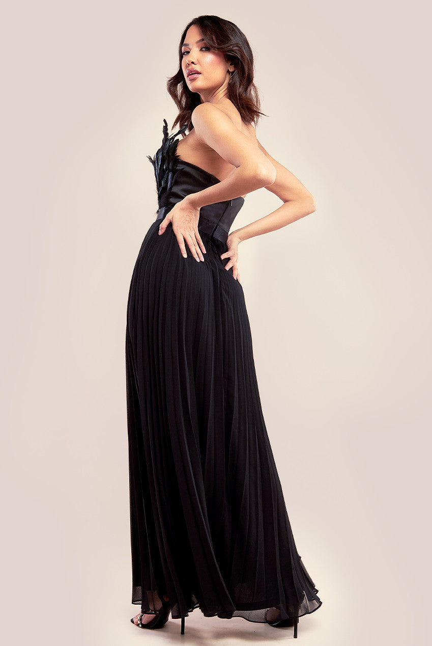 Goddiva Feather Off The Shoulder Pleated Evening Maxi Dress - Black