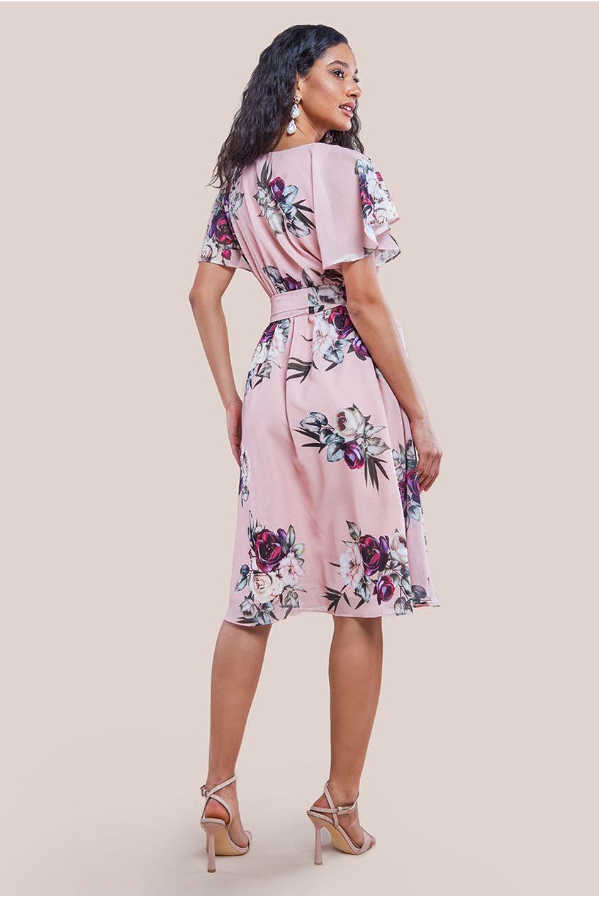 Goddiva Sustainable Floral Print Midi Wrap Dress With Butterfly Sleeves - Peach