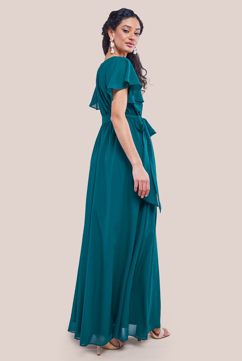 Goddiva Sustainable Chiffon Flutter Sleeve Wrap Maxi Dress - Green