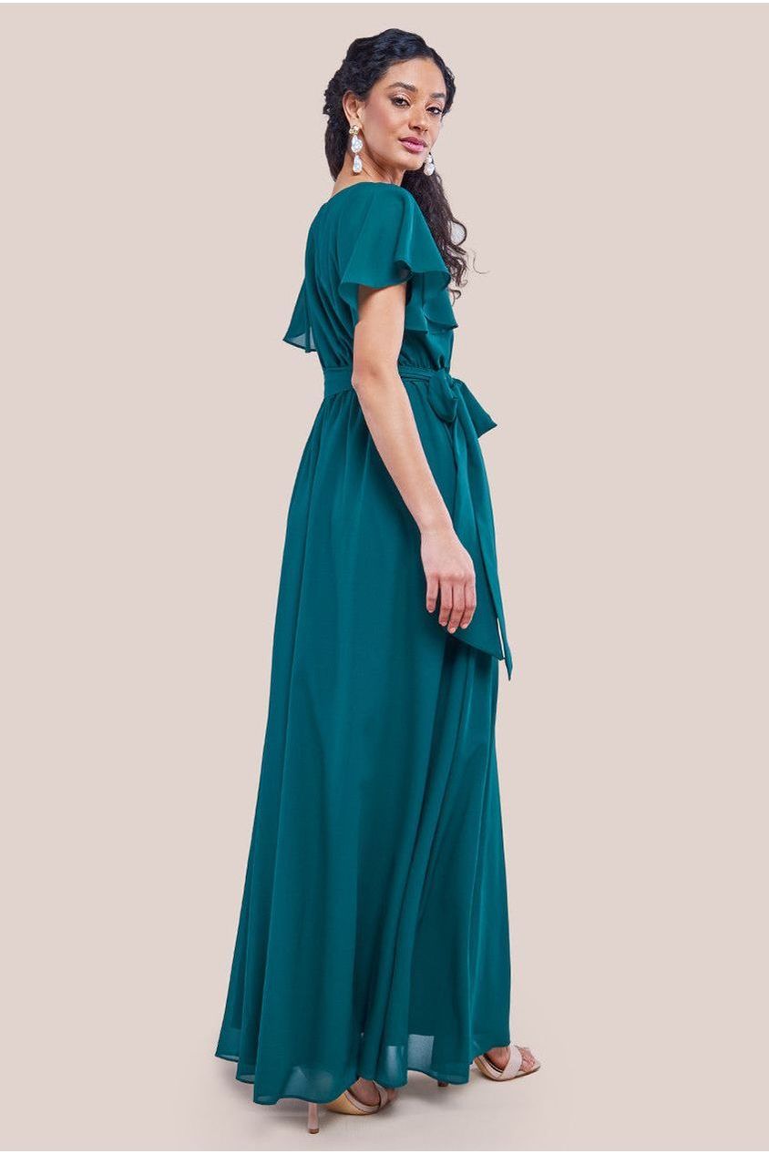 Goddiva Sustainable Chiffon Flutter Sleeve Wrap Maxi Dress - Green