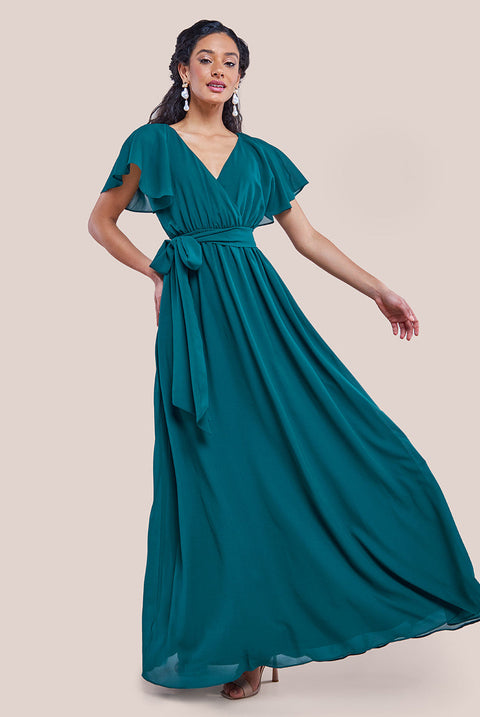 Goddiva Sustainable Chiffon Flutter Sleeve Wrap Maxi Dress - Green