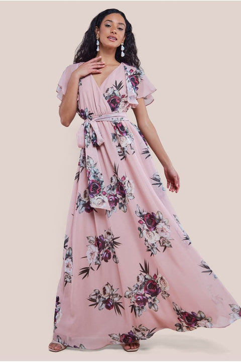 Goddiva Sustainable Printed Flutter Sleeve Maxi Dress - Peach