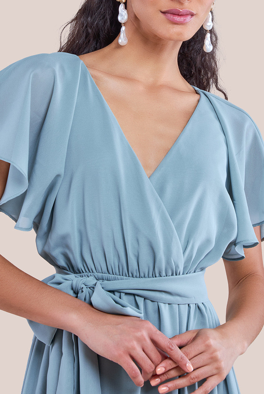 Goddiva Sustainable Chiffon Flutter Sleeve Wrap Maxi Dress - Sagegreen