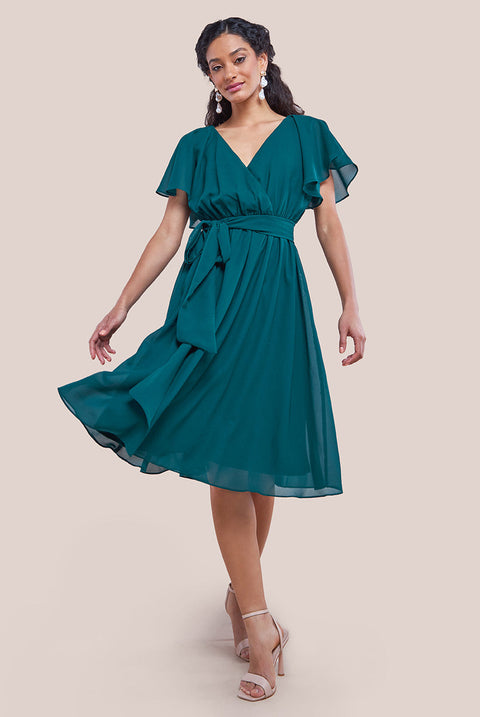 Goddiva Sustainable Flutter Sleeve Chiffon Wrap Midi Dress - Green