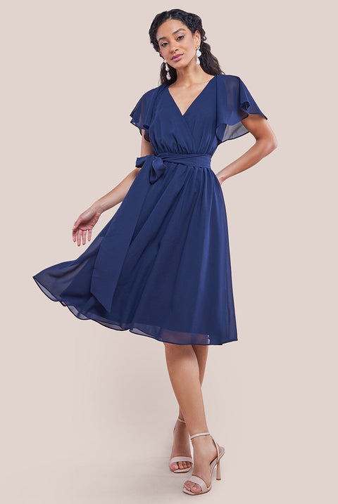 Goddiva Sustainable Flutter Sleeve Chiffon Wrap Midi Dress - Navy