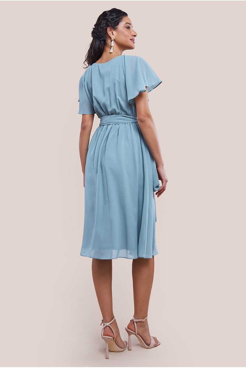 Goddiva Sustainable Flutter Sleeve Chiffon Wrap Midi Dress - Sage Green