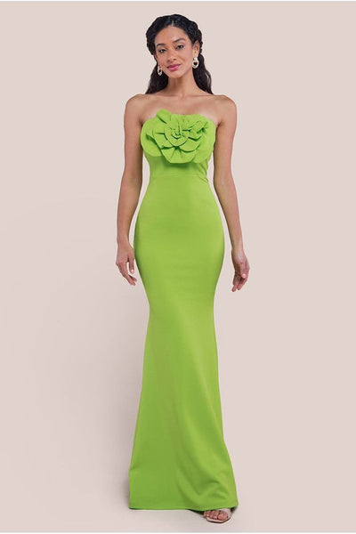Lime - Goddiva Scuba Crepe Bandeau Rose Maxi Dress - Lime Green